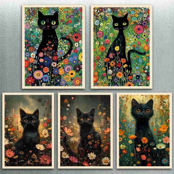 Black Cat Floral Vintage Poster Canvas Painting Cute Cat Flowers Gothic Wall Art for Home Living Room Decor Halloween GiftsM240722