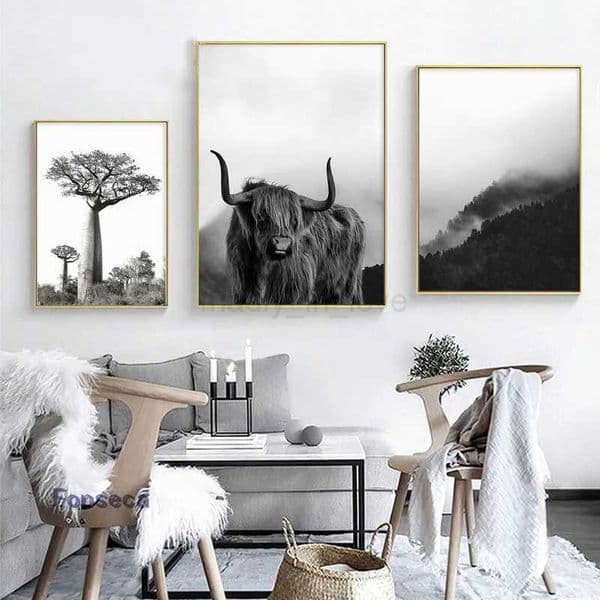 Nature Animal Mountain Landscape Poster Nordic Black White Cow Tree Scenery Canvas Painting Art Print Wall Picture Home DecorM240722