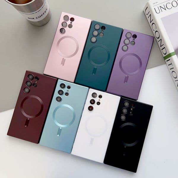 Luxury Magnetic For Magsafe Matte Silicone Cases Camera Glass Lens Protection Metallic Paint For Samsung S20 S21 FE S22 Plus S23 S24 Ultra Note 20 A05 A05S A15 A35 A55
