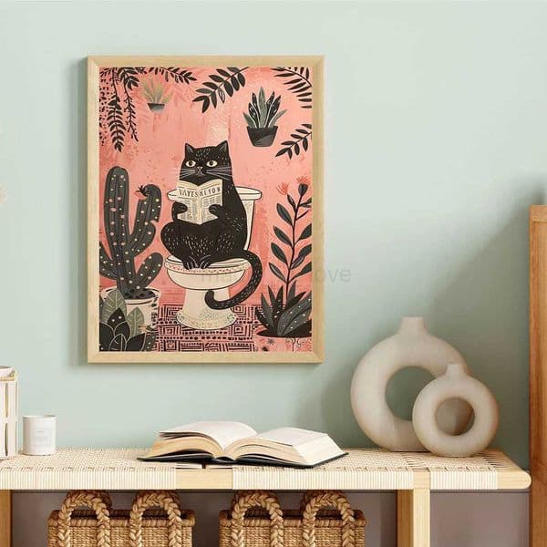 Funny Black Cat On The Toilet Reading Poster Animal Bath Prints Canvas Painting Wall Art Pictures for Toilet WC Bathroom DecorM240722