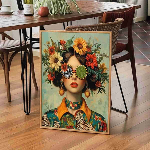 Nordic Boho Fashion Glasses Woman With Flowers Wall Art Canvas Painting Butterfly With Girl Portrait Poster Prints Mural PictureM240722