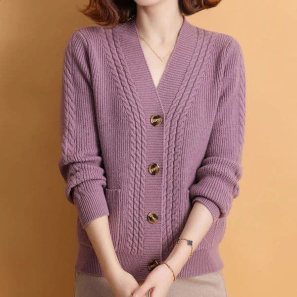 Autumn Winter V Neck Knitted Cardigan Women Simple Long Sleeve Twist Sweaters Woman All Match Single Breasted Cardigans Laides 240722