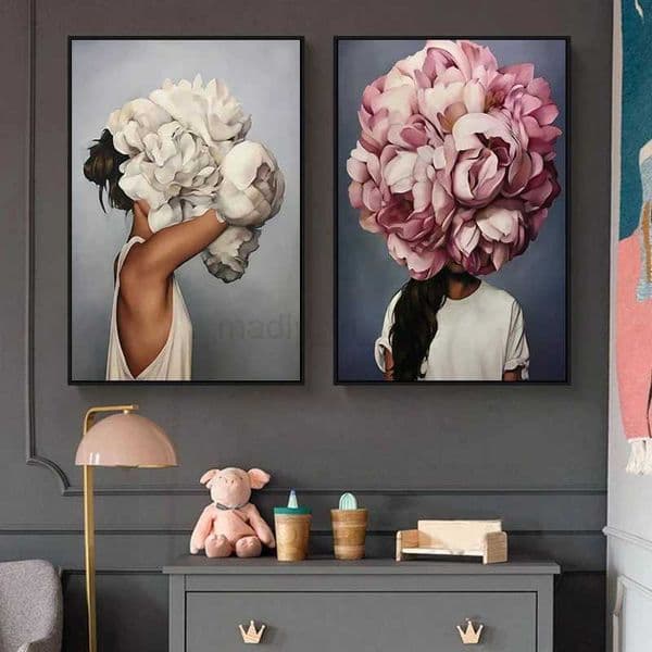Nordic Woman Head with Flowers Canvas Painting Wall Art Posters Lady Portrait Picture Home Bedroom Decor Frameless FashionM240722