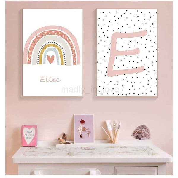 Letter Nursery Girls Canvas Paintings Poster Prints Wall Art Pictures for BedRoom Home Decor Pink Rainbow Custom Name InitialM240722