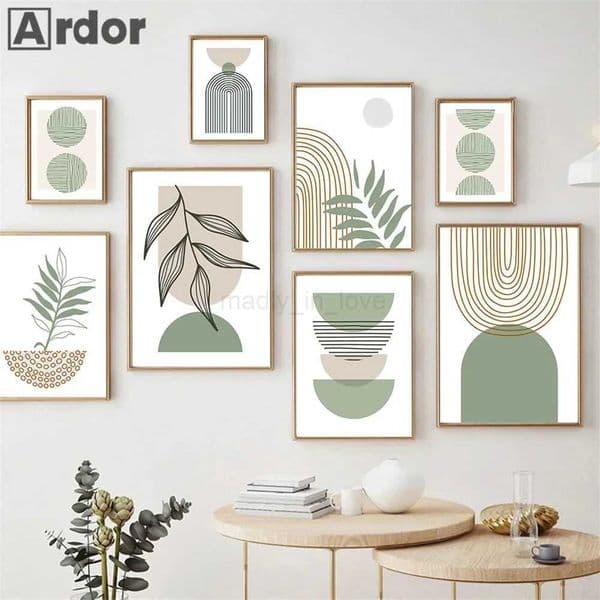 Boho Green Abstract Posters Geometry Line Wall Art Canvas Painting Plant Leaf Print Pictures Modern Wall Poster Home DecorationM240722
