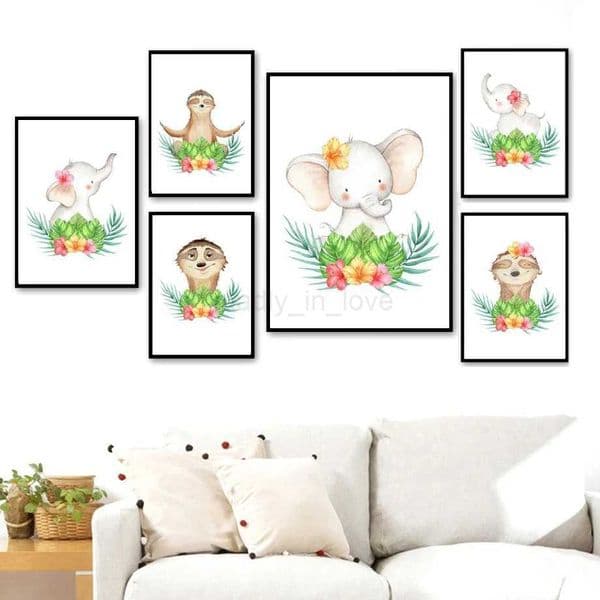 Baby Elephant Sloth Green Leaves Flower Nursery Wall Art Canvas Painting Nordic Posters And Prints Wall Pictures Kids Room DecorM240722