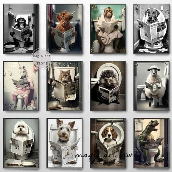 Funny Bathroom Animal Sitting on The Toilet Reading A Newspaper Art Poster Canvas Painting Wall Prints Picture Home DecorM240722