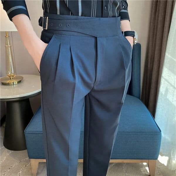 British Style Mens High-waisted Slacks Belt Design Solid Color Slim Trousers Formal Office Social Wedding Party Dress Suit Pants 240808