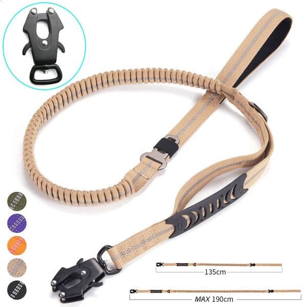 Heavy Duty Tactical Bungee Dog Leash No Pull Reflective Shock Absorbing Pet Leashes with Car Seatbelt for Large Dogs 240722