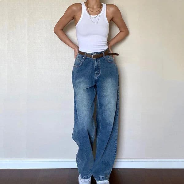 Rimocy Dark Blue Baggy Jeans Women Grunge Y2K High Waist Wide Leg Denim Trousers Woman Fashion Boyfriend Mom Pants Female