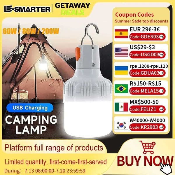200W 80W 60W High Power LED Camping Light Rechargeable Portable Lanterns Outdoor Emergency BBQ Tent Lighting Lamp Bulb with HookCL240724