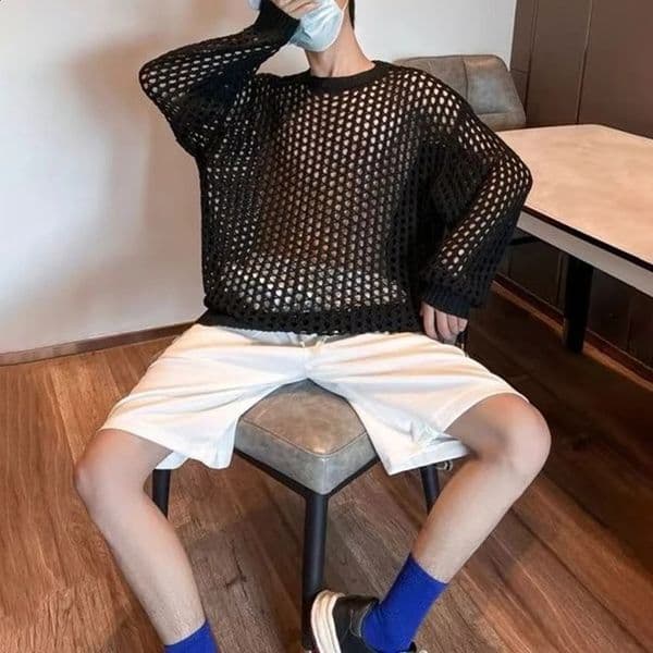 Casual Pullovers Hollow Out Outfits Fishnet Smock Tops Men Fashion Loose Long Sleeve See-though Knit Shirts Y2k Sexy Holes Shirt 240723