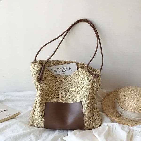 Instagram Vintage Woven Tote Bag Holiday Style Grass Woven Bag Shoulder Bag Large Capacity Shopping Bag Beach Bun Mother Bag 240723