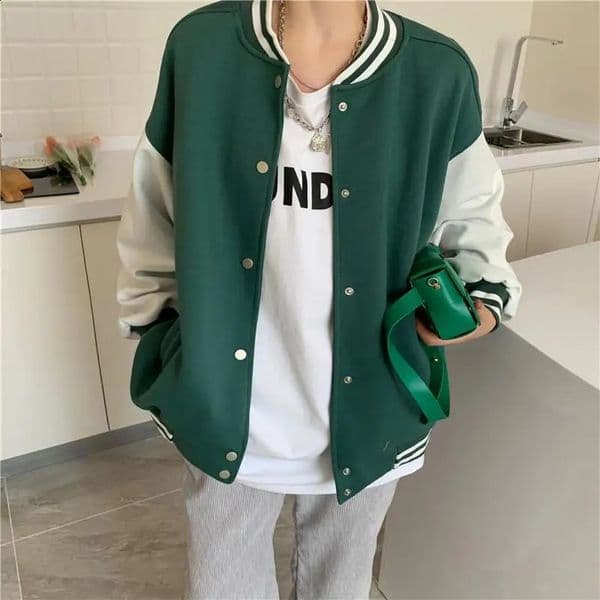 Deeptown Oversized Autumn Winter Baseball Jacket Women College Uniform Korean Fashion Streetwear Green Jackets Female Loose Coat 240723