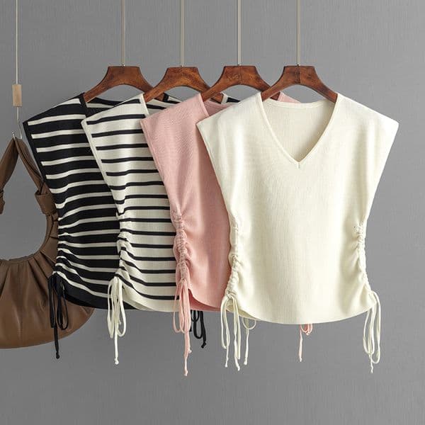 Ice silk knitted sleeveless V-neck T-shirt for women's summer 2024 new unique drawstring short slim fit top