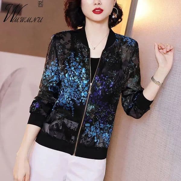 Oversize 5xl Thin Chiffon Jacket Women Spring Summer Sun Protection Outerwear Mother Printed Short Baseball Chaqueta Casual Tops 240723