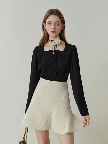FSLE Women Longsleeved Elegant Chiffon Shirt Square Neck Solid Pullover Blouses French Style Puff Sleeve Spring Tops 240723