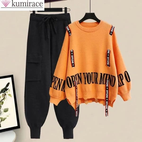 Winter Ribbon Knitting Sweater Pullover Casual Overalls Two-piece Elegant Womens Pants Set Tracksuit Fall Outfits Style Age 240715