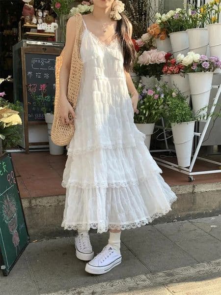 Summer Befree Long Vintage Casual Ruffles Elegant Maxi Strap Camis Silky Beach Lace Elegant Party Dress Vestidos Sexy Women 240724