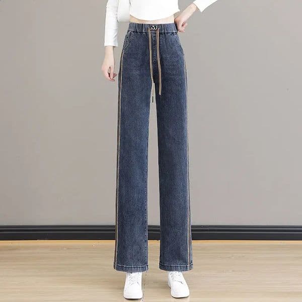 Elastic Waist Wide Leg Jeans Autumn and Winter Womens High Waist Patchwork Pockets Drawstring Slim Retro Straight Leg Pants 240723