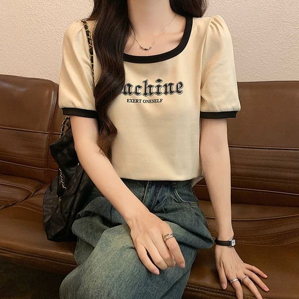 Korean chic 2024 summer new fashionable pullover versatile cotton printed T-shirt for women slim fit and slimming short sleeved top