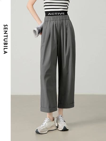 SENTUBILA Women Wide Leg Cropped Pant Straight Loose Elastic Waist Casual Grey Trousers Womans Summer Clothing 142K54766 240725