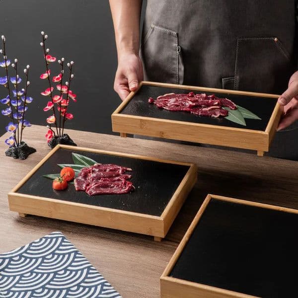 Black rock dinner plate Japanese personality creative bamboo wood pot shabu-shabu plate barbecue slate 240712