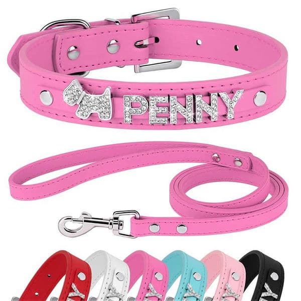 Personalized Leather Dog Puppy Collar Leash Set Bling Rhinestone Free Name Charms Collars For Small Medium Dogs Custom NecklaceL240725