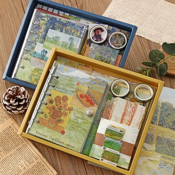 150 Pcs Vintage A6 Notebook Washi Tapes Sticky Note Sticker Card Stationery Set Gift Box Van Gogh Oil Painting Binder Notepad 240722