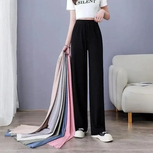 Women Pants Spring Summer Ice Silk Wide Leg Pants High Waist Loose Straight Casual Pant Female Outdoor Black Trousers 240725
