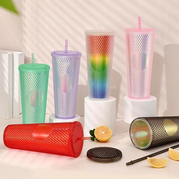 710ml24 oz DIY Studded Tumbler with Lid and Straw Reusable Plastic Acrylic CupDouble Walled Matte Travel Tumbler for Iced Cof 240725