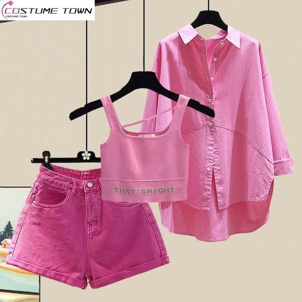 SpringSummer Set Womens Korean Fashion Tank Top Casual Shirt Wrapped Waist Wide Leg Pants Three Piece 240713