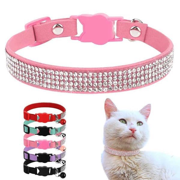 Soft Suede Leather Cat Collar Bling Rhinestone Cats Collars with Bell Safety Breakaway Pet Puppy Necklace Adjustable XS S PinkL240725L240725