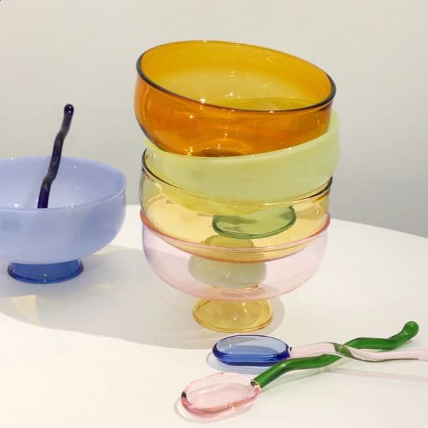 Heatresistant Clear Glass Bowl Stained Transparent Goblet Spoon Set High Borosilicate Fruit Salad Bowls 240722