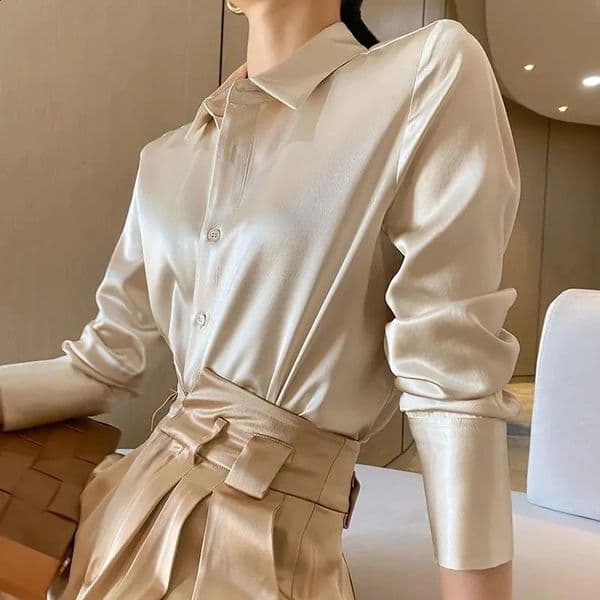 Rimocy Fashion Long Sleeves Satin Blouse Women Single Breasted Loose Faux Silk Shirts Woman Solid Turn Down Collar Shirt 240726