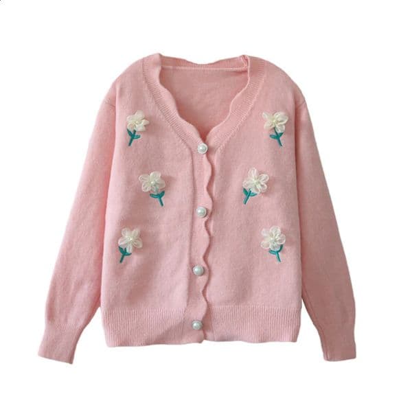 In Korean Style Floral Cardigan Women Fashion Knitwear Autumn Outfits Female V Neck Sweater Short Knit Coats 240726