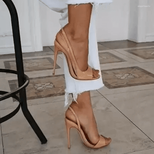 Sandals Nude Patent Leather Thin High Heel Open Toe Women Dress Pumps Stiletto Ladies Party Shoe