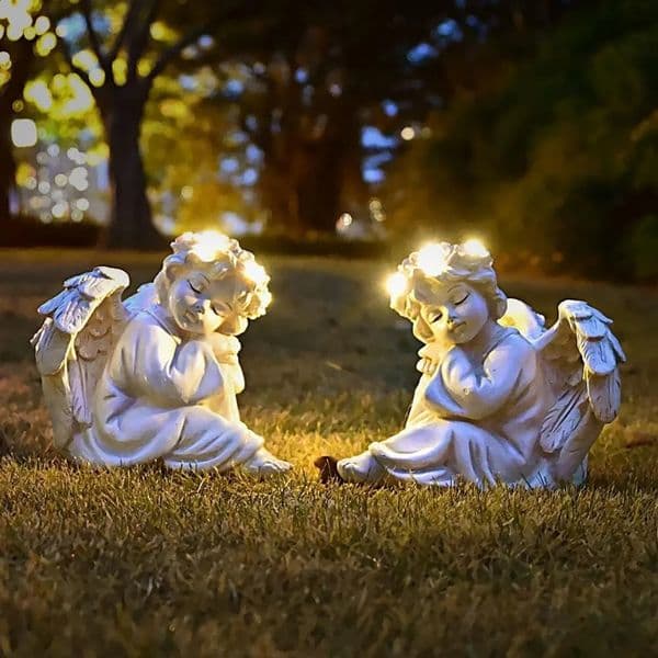 Angel Statue Garden Decor for Outside Solar Outdoor Decorations Cherub for Christmas Yard Porch Home Lawn Gifts 2pcs 240718