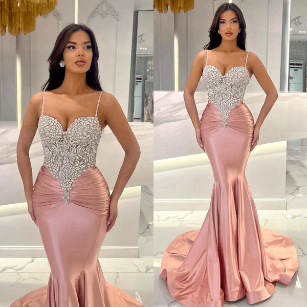 Sparkly Beaded Satin Mermaid Prom Dress Sexy Spahetti Straps Sweep Train Built In Bra Natural Waist Formal Evenin Gown with Ruffles Sequins and Pleated
