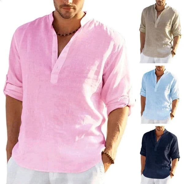 Mens Linen Long Sleeve Shirt Solid Color Casual Cotton Tops Size S5XL 240727