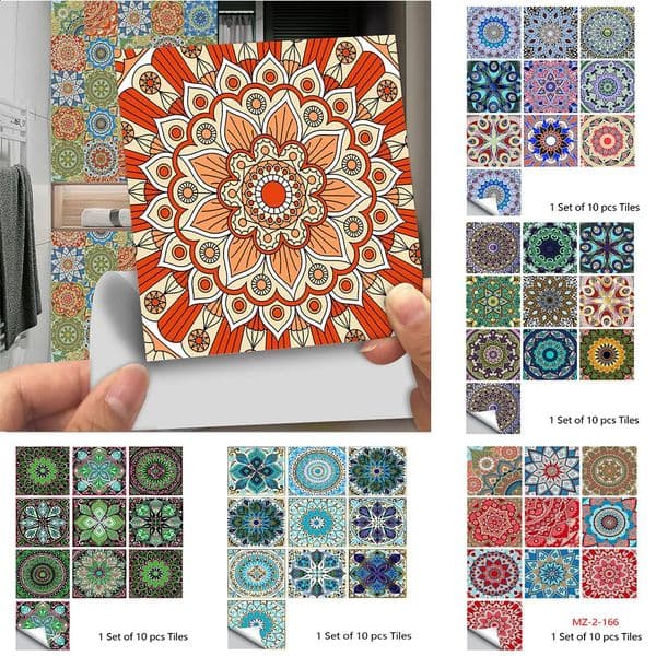 10pcsset Mandala Style Crystal Hard Tiles Ceramics Wall Sticker Kitchen Wardrobe Home Decor Art Mural Peel Stick Decals 240727