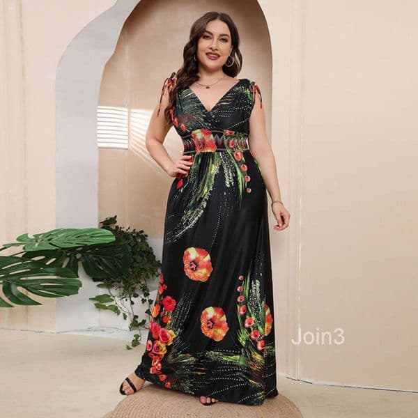 Hot selling fat mm plus size ice silk printed dress Bohemian plus fat plus size V-neck jumpsuit long dress