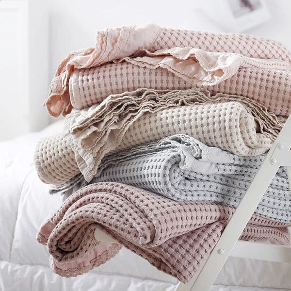 Pure Cotton Waffle Sofa Bed Lace Towel Blanket for Travel Office Single Double Air Condition Thin Bedding Coverlet Soft Blankets 240726