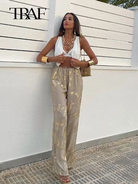 TRAF Autumn Pants For Women Fashion Metal Series Print Pant Female Tied Elastic Waist Chic Streetwear Y2K Womens Trousers 240723