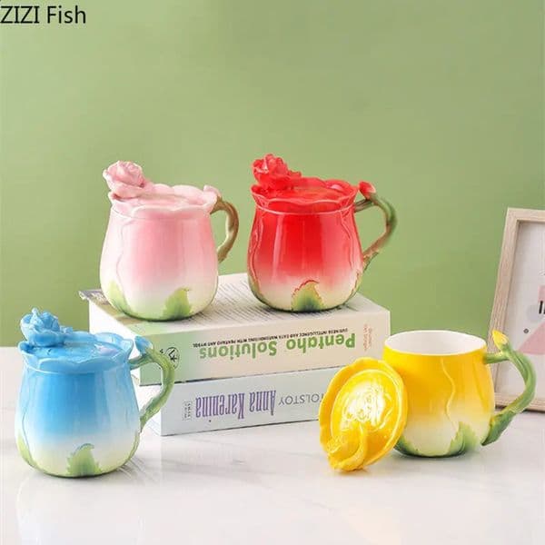 350ml Creative Flower Mug Ceramic Water Cup with Cover Lovers Afternoon Tea Coffee Cup Nordic Style Household Juice Drink Set 240712