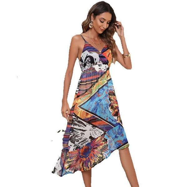 New Best selling French Irregular V neck Beach Skirt Design with A Sense of Luxury and Exquisite Dress Strap Fishtail Dress Bifurcated Loose Waist BOHO DRESS