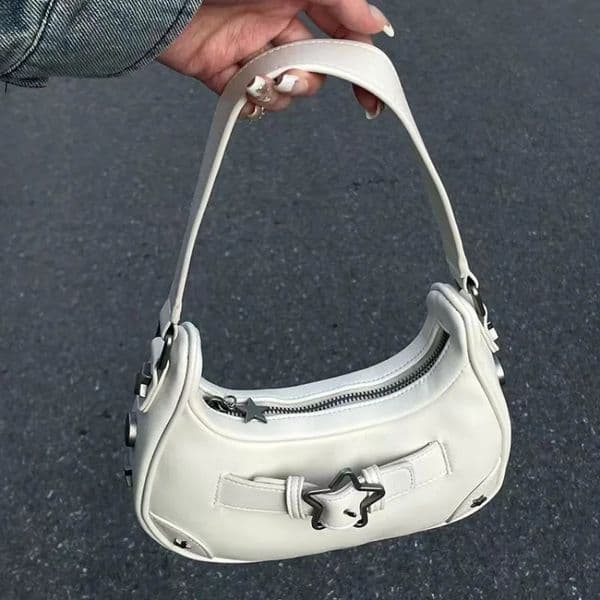 Y2K Style Single Shoulder Bags for Woman Vintage Denim Metal Pentacle Decoration Underarm Lady Fashion Solid Color Handbags 240729
