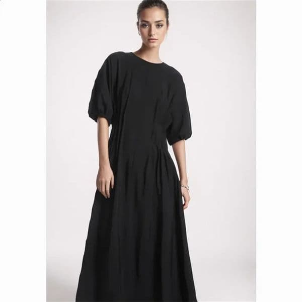 Cos Lris Summer Womens Style Versatile Round Neck Pleated Bubble Sleeves Solid Color Aline Dress 240627
