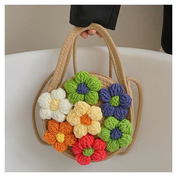 Ins Cotton Rope Braided Flowers Bag Small Shoulder Tote Holiday Beach Bag Simple Cross-body Bag