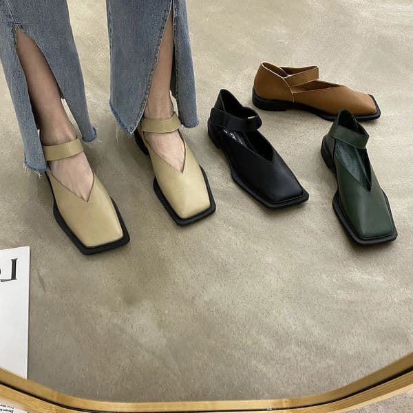 Spring Square Toe Low Heel Shallow Mouth Mary Jane Leather Shoes Pumsp 240724